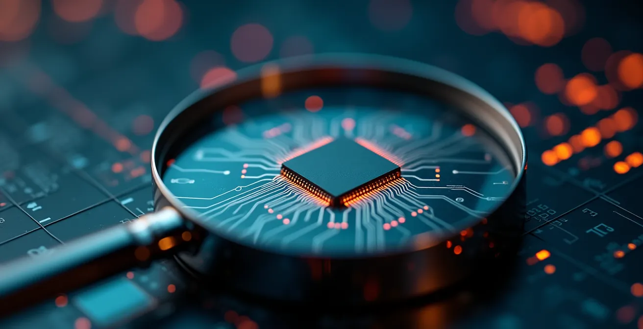 Photographie macro montrant une loupe posée sur une surface de circuits électroniques et des données abstraites floutées