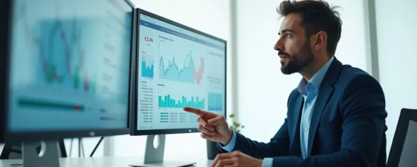 Photographie réaliste montrant un expert-comptable analysant des graphiques financiers dans un bureau moderne avec un éclairage cinématographique et un fond épuré offrant un espace négatif