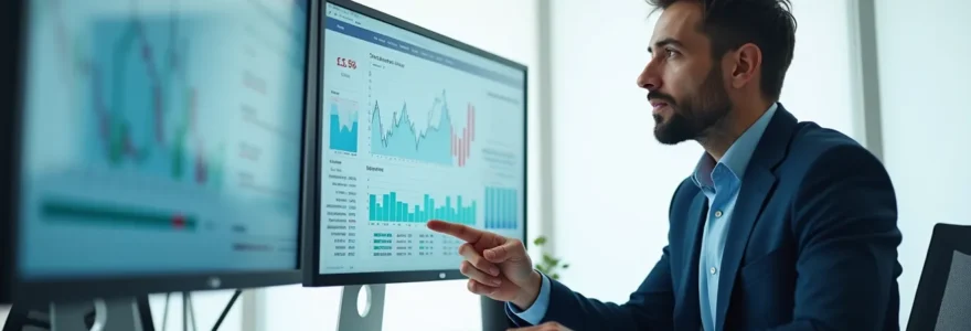 Photographie réaliste montrant un expert-comptable analysant des graphiques financiers dans un bureau moderne avec un éclairage cinématographique et un fond épuré offrant un espace négatif