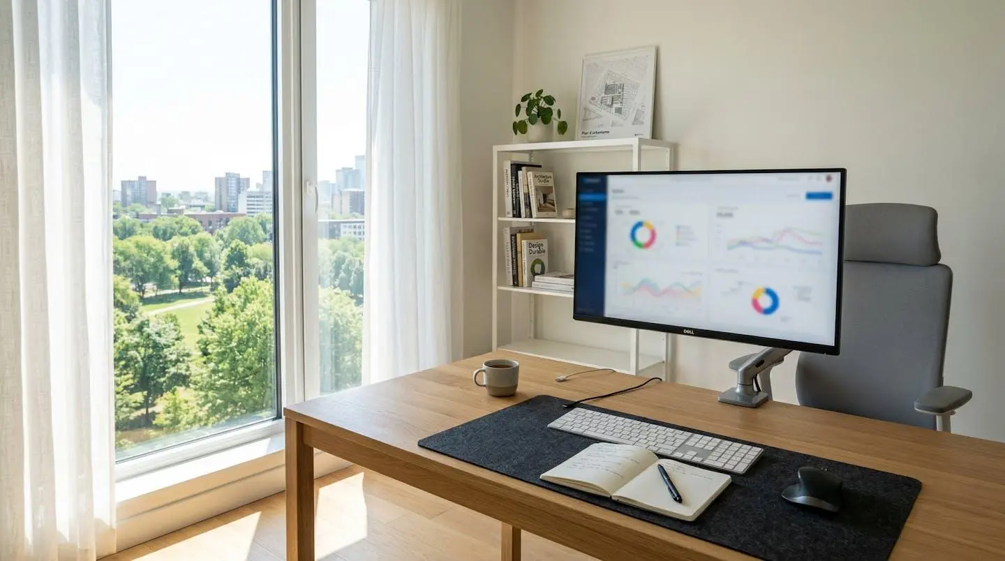 Bureau contemporain avec écran d'ordinateur affichant un tableau de bord flouté, clavier et carnet, éclairé par une large fenêtre
