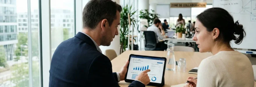 Deux professionnels en réunion informelle consultent ensemble une tablette dans un bureau contemporain éclairé par la lumière naturelle